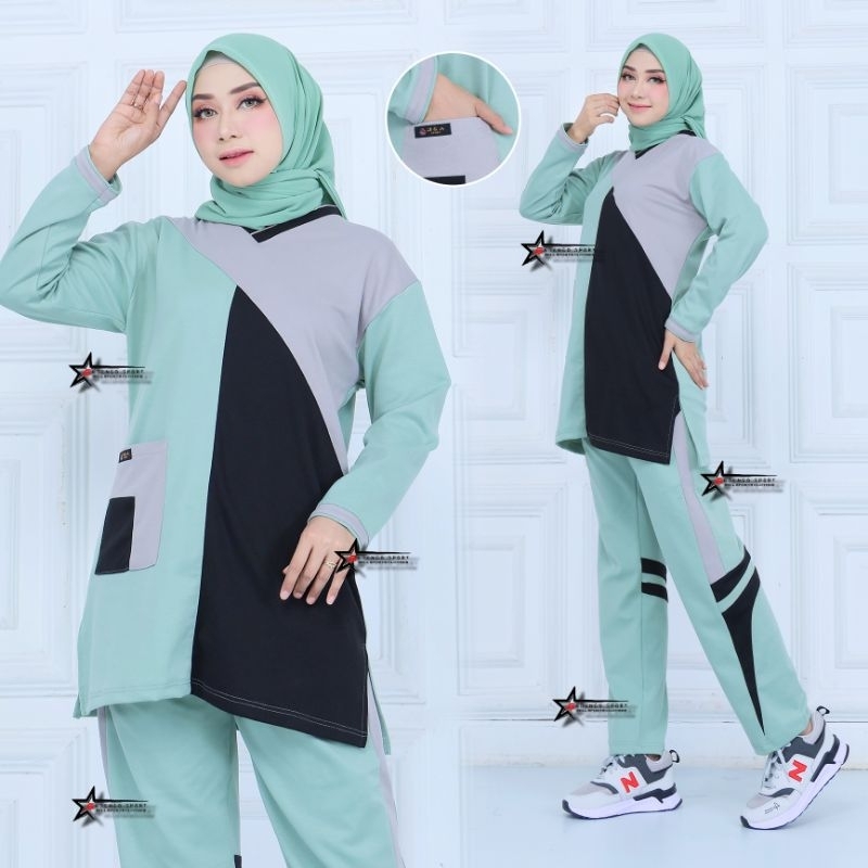 Stelan Baju Olahraga Senam Tunik Muslimah Wanita / Stelan Kaos Olahraga Muslimah