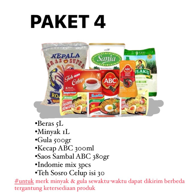 

PAKET 4 SEMBAKO MURAH / BERAS 5L=3,8KG / MINYAK GULA INDOMIE TEH SOSRO KECAP SAOS ABC