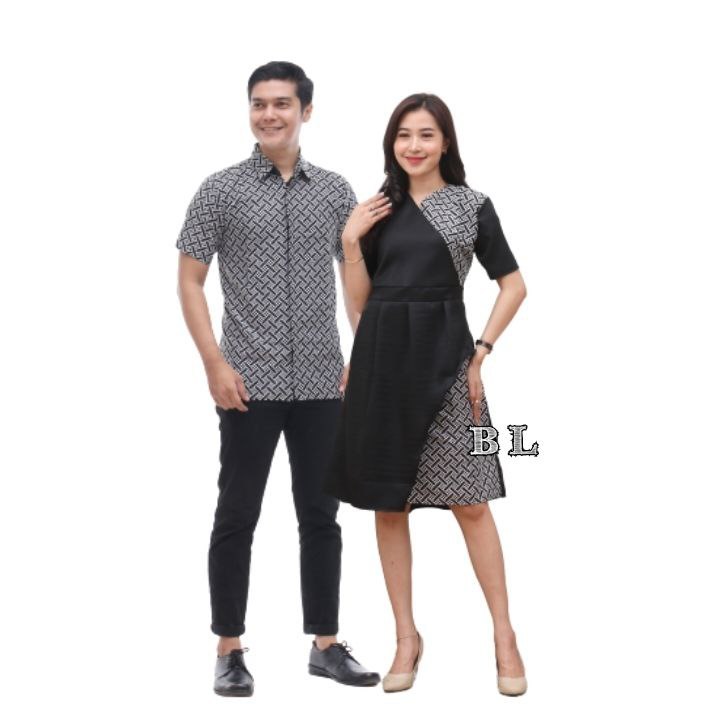 Fairyrozi Couple Dress V Batako Hitam Batik Wanita & Kemeja Lengan Pendek Bahan Premium