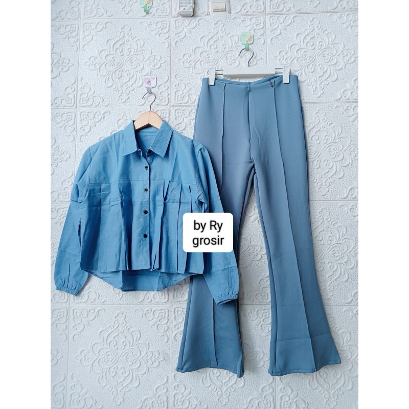 Setelan Wanita Kemeja bd pendek Linen Celana Cutbray Scuba