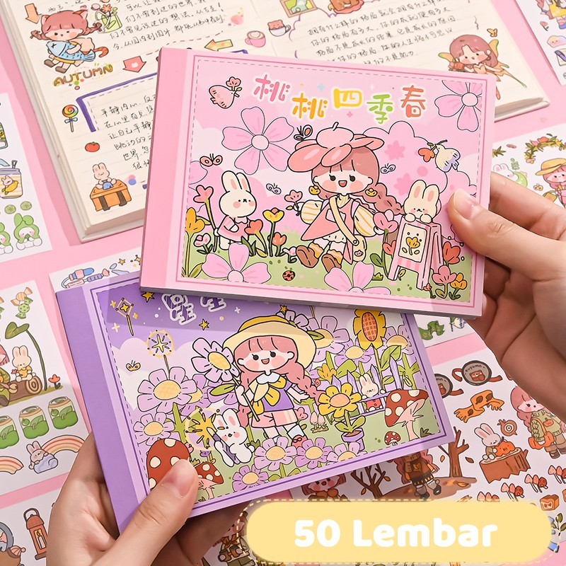 

50 Lembar Buku stiker aesthetic motif kartun imut untuk dekorasi scrapbook DIY Daily planner Buku diary harian jurnal lucu Sticker book Semua gambar berbeda