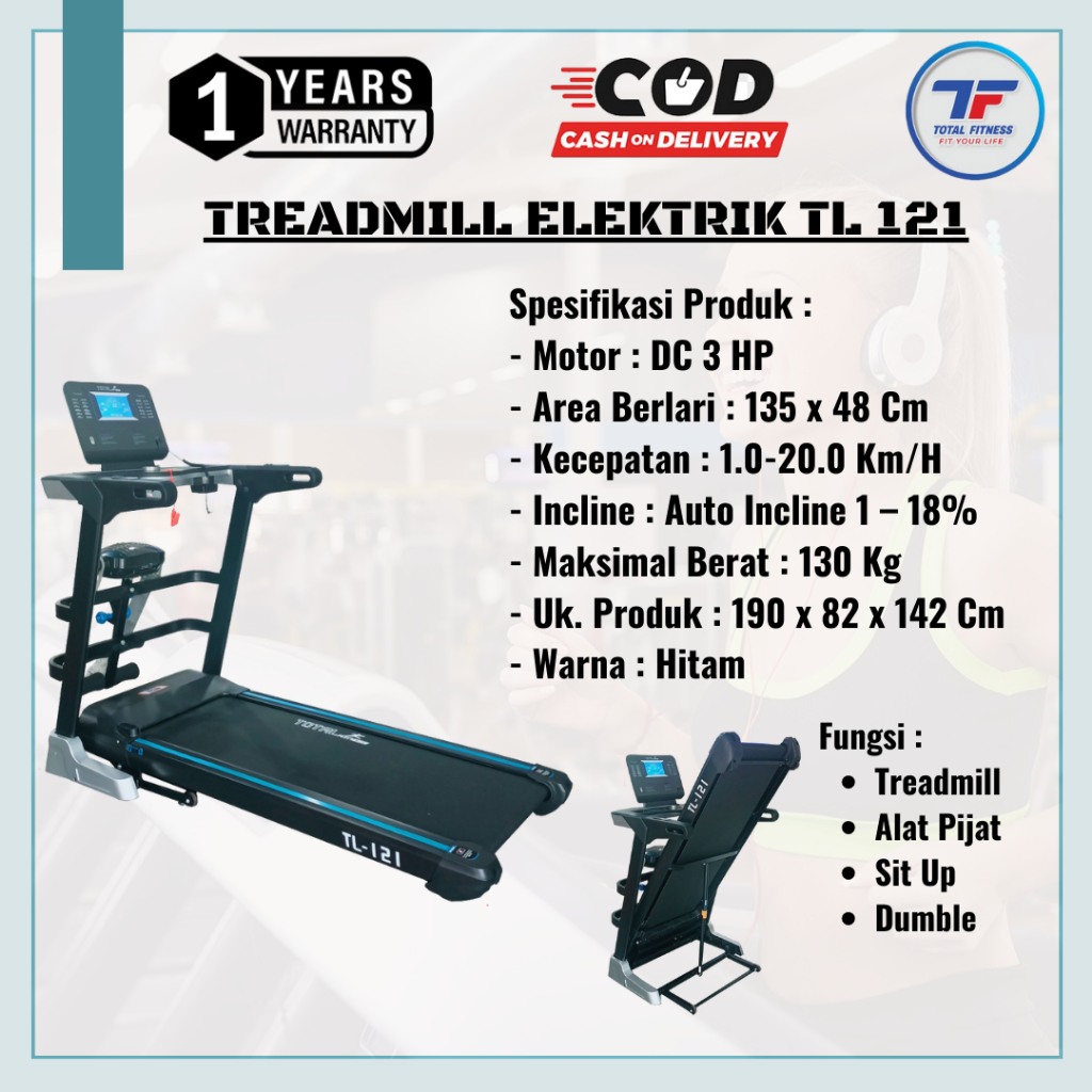 alat olahraga treadmill elektrik TL 121 Total Fitnes pengecil perut