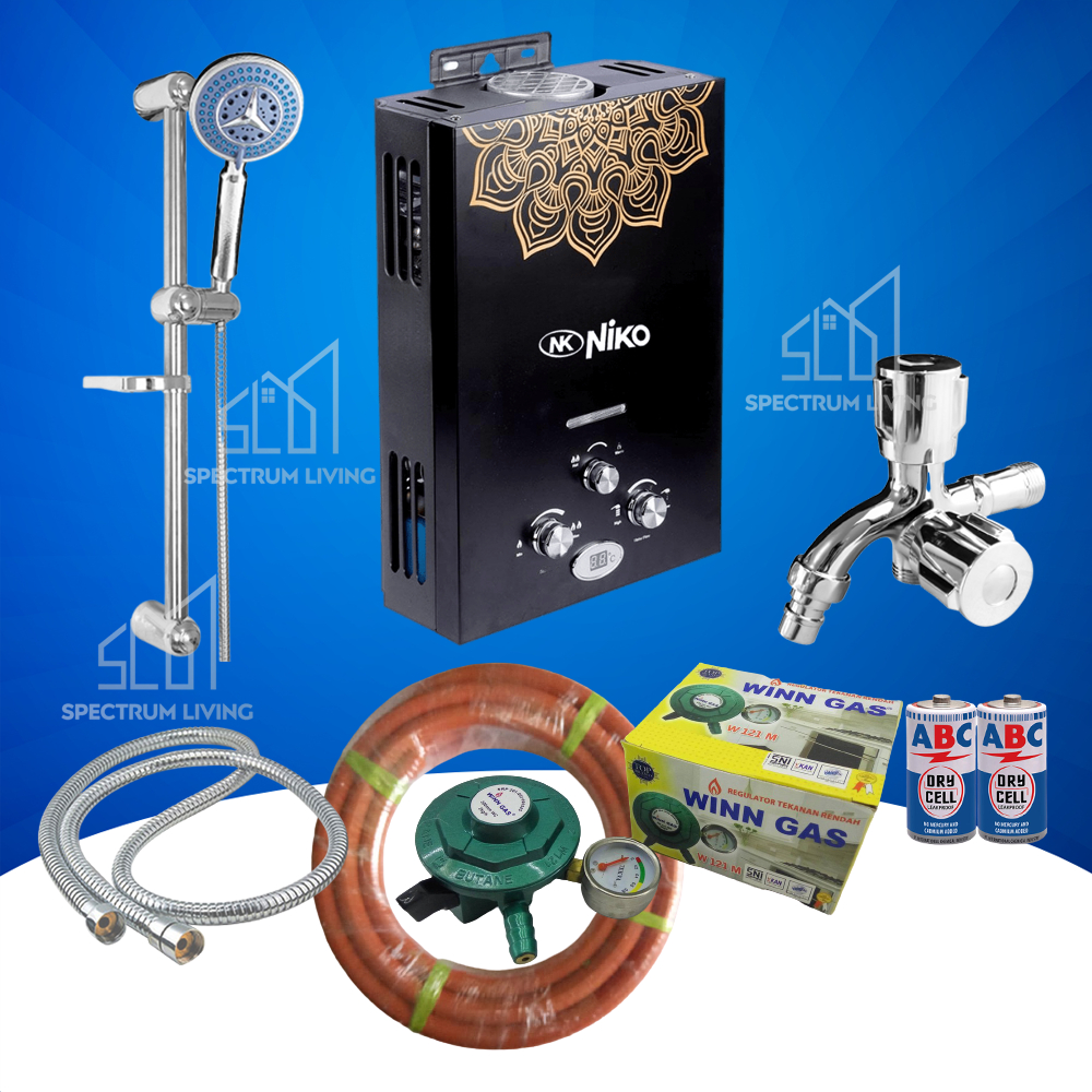 Water Heater Pemanas Air Gas Kamar Mandi Set Lengkap Tiang Shower