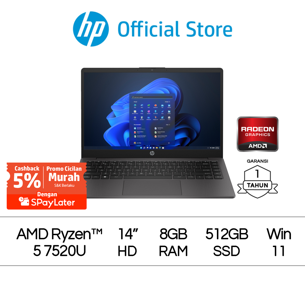 Spaylater 0% - Laptop HP 245 G10 Ryzen 5 7500U Radeon 8GB RAM 512GB SSD W11 14 Inch AMD Garansi 1 Tahun / 245 G9 / Promo Murah Gratis Ongkir Official Non Second