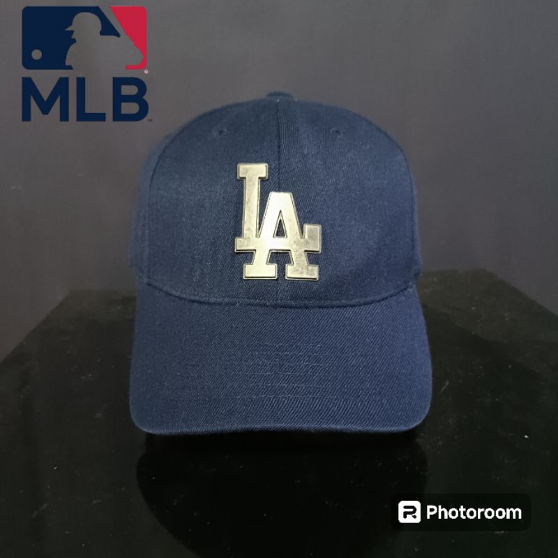 Topi Baseball Original MLB Flexfit | LA-MLB Logo Besi, Biru Dongker