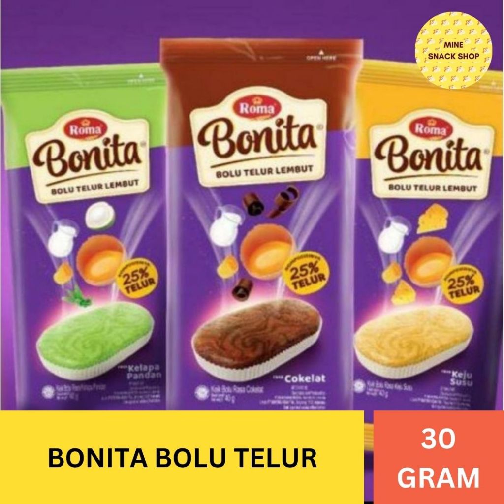 

Bonita Bolu Telur Lembut 30 G (1 BOX isi 12 PCS)/ Kue / Snack / Jajanan Anak