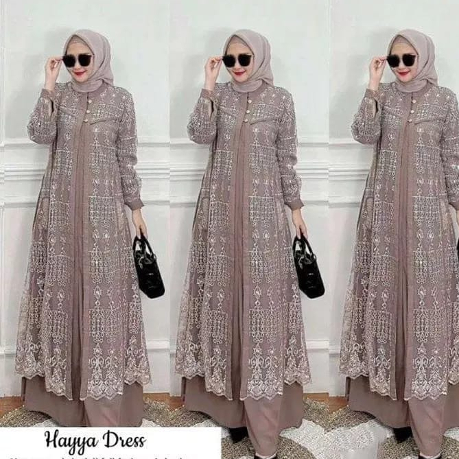 SET HAYYA DRESS FREE PASHMINA GAMIS PESTA MEWAH CRINKLE MIX BRUKAT GAMIS HAYYA DRESS
