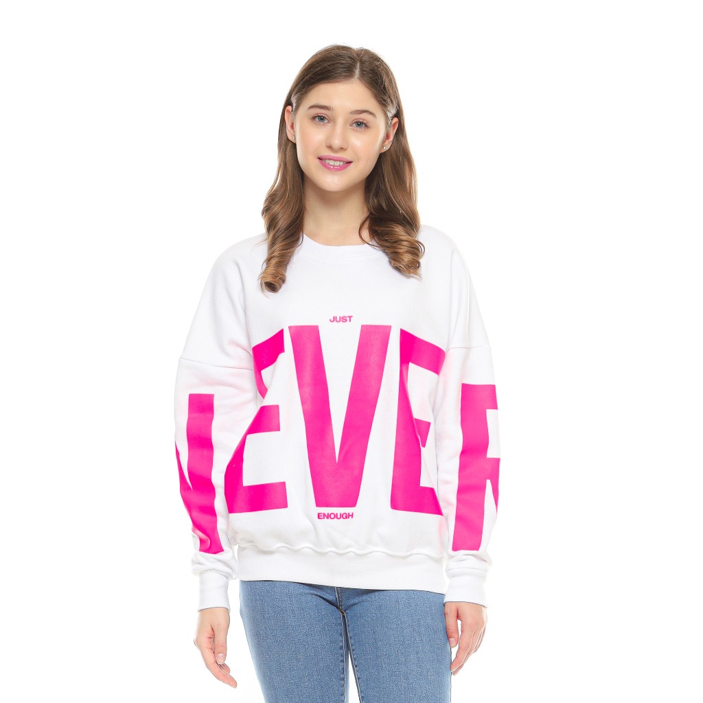 Kuiy Sweater Oversize Oblong Wanita Big Size Jumbo Crewneck Putih Boxy Never Fuschia