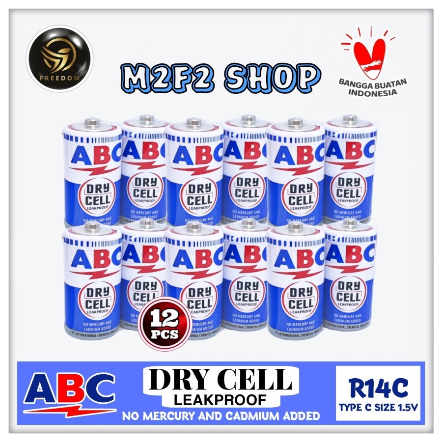 Batu Baterai ABC Biru Dry Cell Ukuran Sedang Type R14C IEC/UM-2/C SIZE 1.5V - (Kemasan 12 Pcs)
