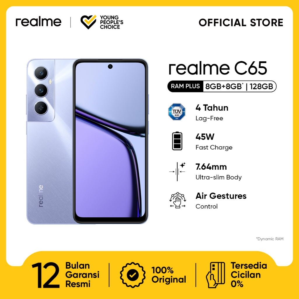 realme C65 8GB+8GB*|128GB (TUV SUD 4 Tahun Lag-free | 45W Fast Charge | 5000mAh Massive Battery | 7.64mm Ultra Slim )-Starlight Purple