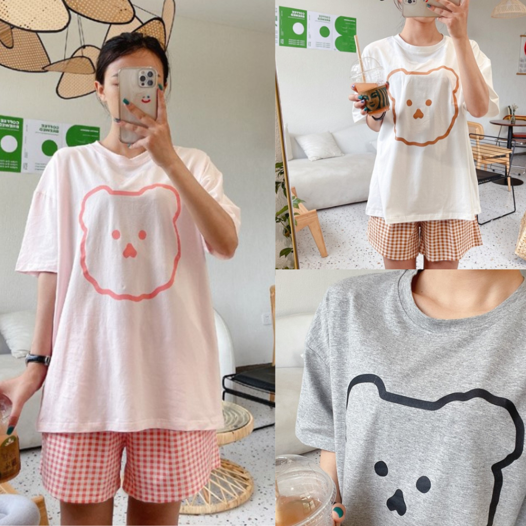 Setelan Baju Tidur Santai Kaos Import Wanita Korea Style Lengan Pendek Celana Pendek Kotak Motif Bear Lucu