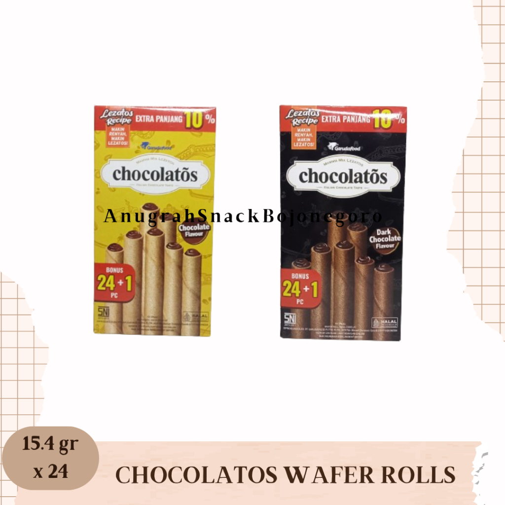 

Chocolatos Wafer Rolls 15.4gr x 24 (Rasa Cokelat / Dark Cokelat)