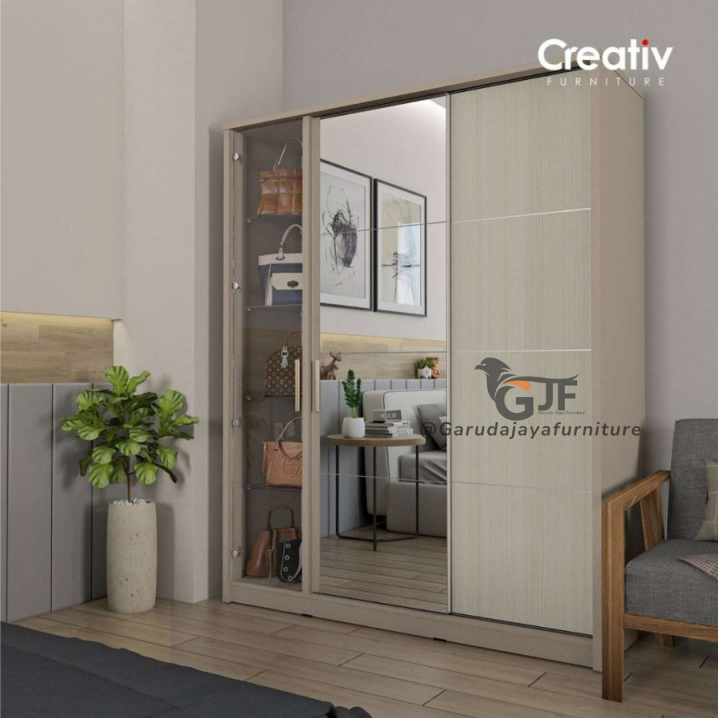LEMARI PAKAIAN SLIDING KACA PANJANG ADA TEMPAT TAS LAMPU LED / LEMARI SLIDING LED/LEMARI CERMIN FULL