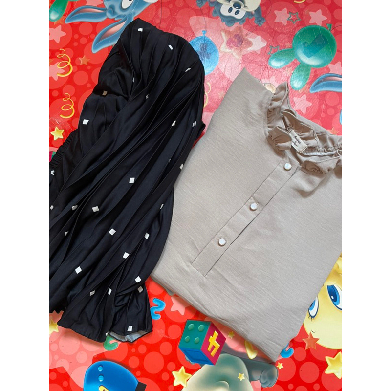 tunik batwing ruffle set rok plisket kekinian