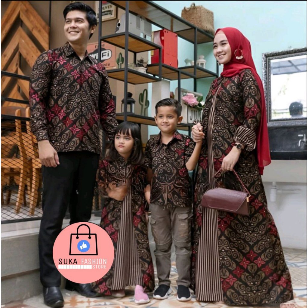 Batik Couple Keluarga Modern Gamis Busui Set Pakaian Keluarga Seragam Lengkap Baju Anak Terbaru Moti