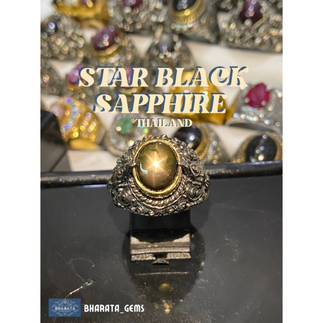 Natural BLACK STAR SAPPHIRE (Thailand) + Ring Ukir Alpaka Murni