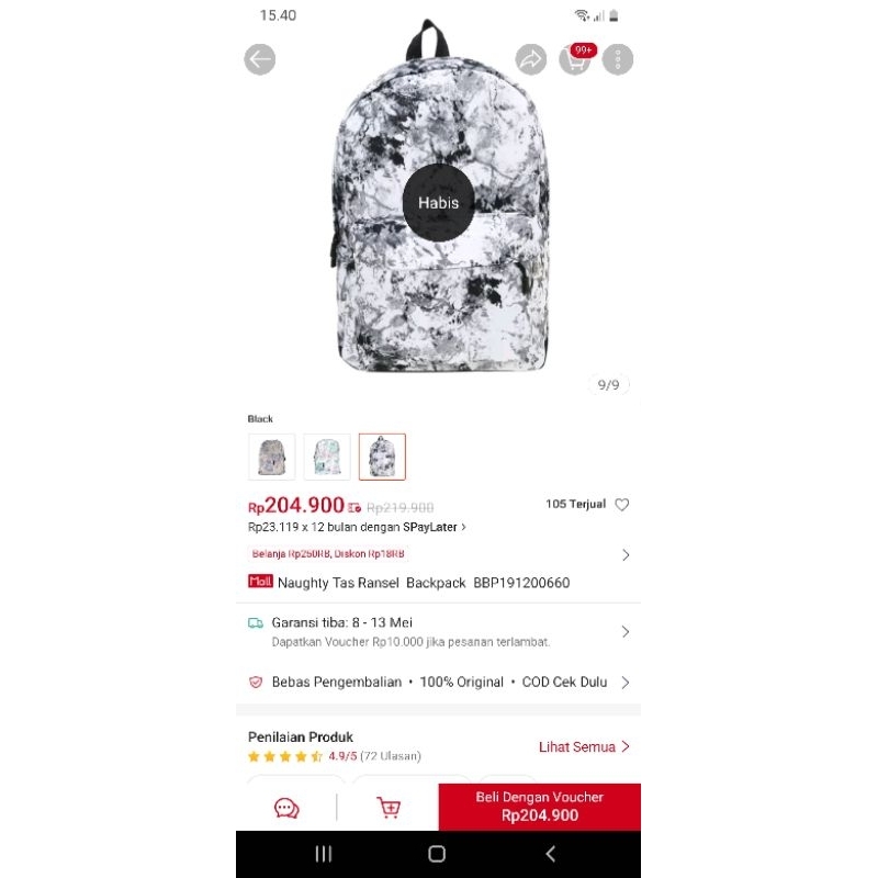 Naughty tas ransel backpack hitam marble