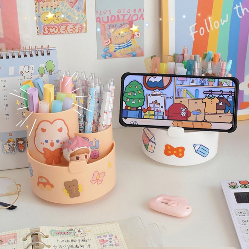 

PEN HOLDER KOTAK PENSIL BULAT PUTAR ALAT MAKE UP ESTETIK DEKSTOP STORAGE ORGANIZER FREE STIKER