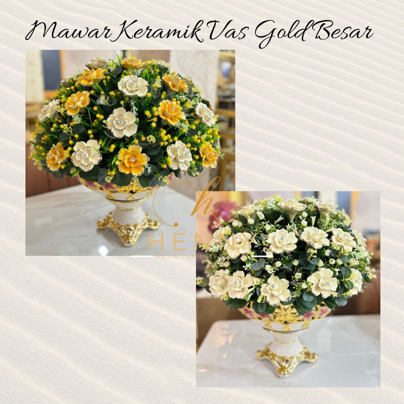 Mawar Keramik Vas Gold Besar / Hiasan Meja Bunga Mawar Keramik