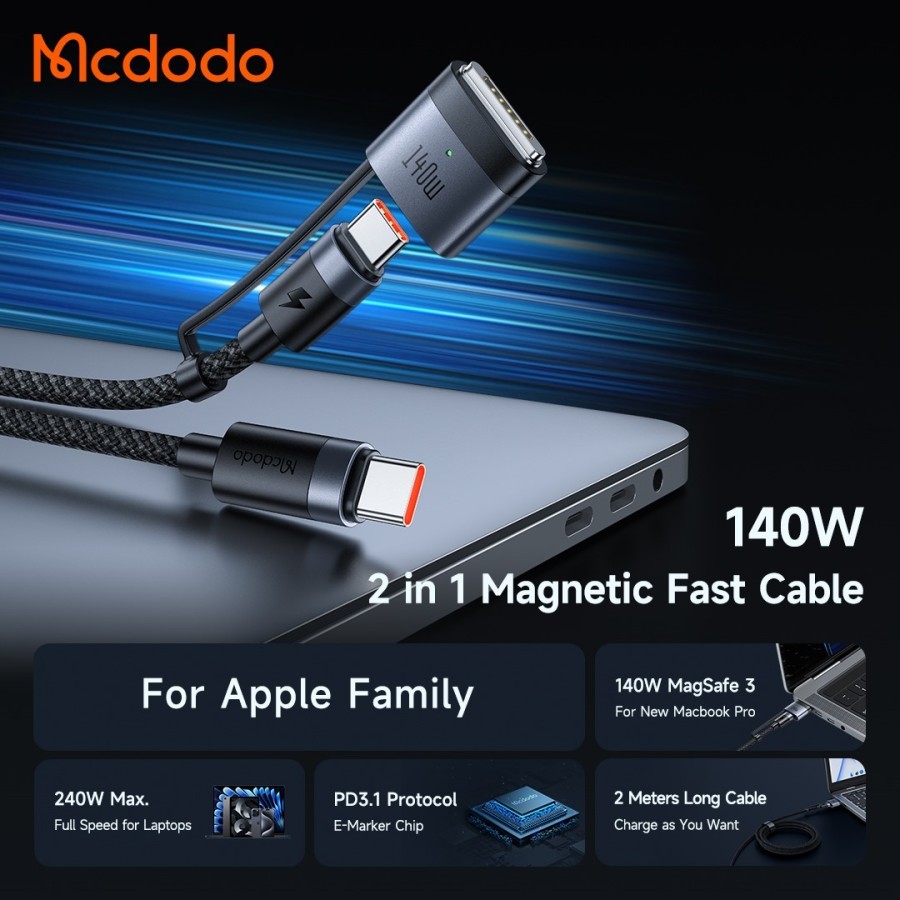 MCDODO Kabel 2in1 Type C + Magsafe 3 Macbook PD 3.1 Fast Charging 140w - 240w