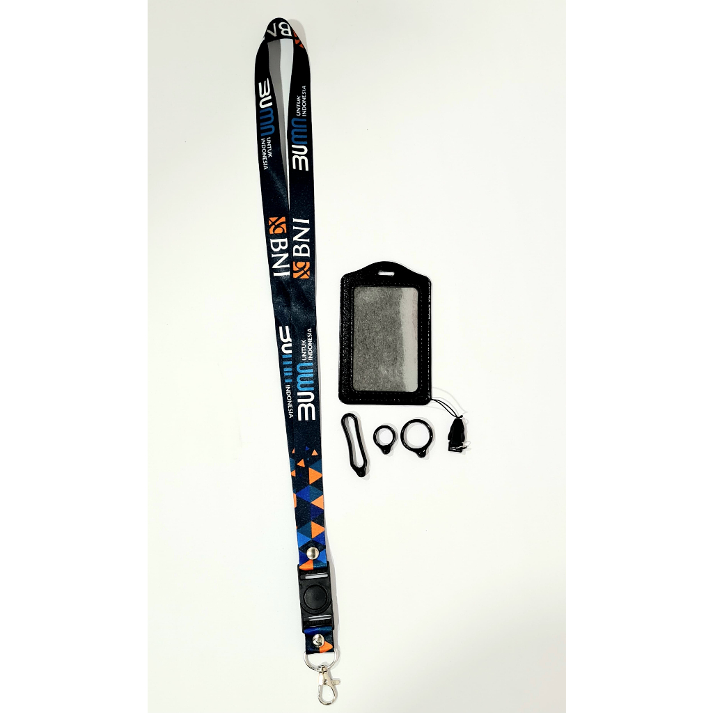 

Lanyard Premium BUMN BNI BIRU " FREE " Case Gantungan Karet Oring Cantolan / Lanyard ID Card Custom