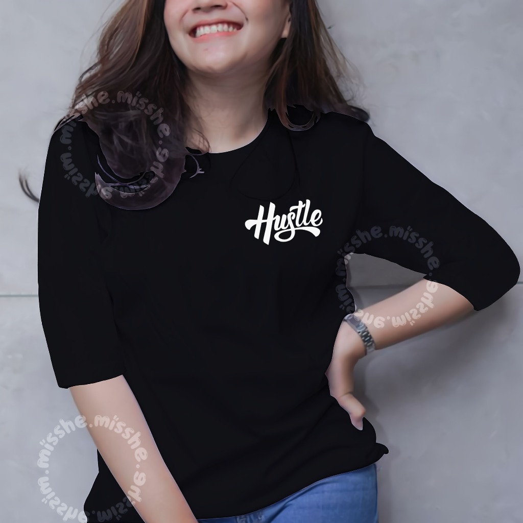 COD ID - Tshirt Raglan 3/4 Motif DTF hustled / Kaos Katun Wanita / Baju Kaos Wanita Terbaru 2024 / K