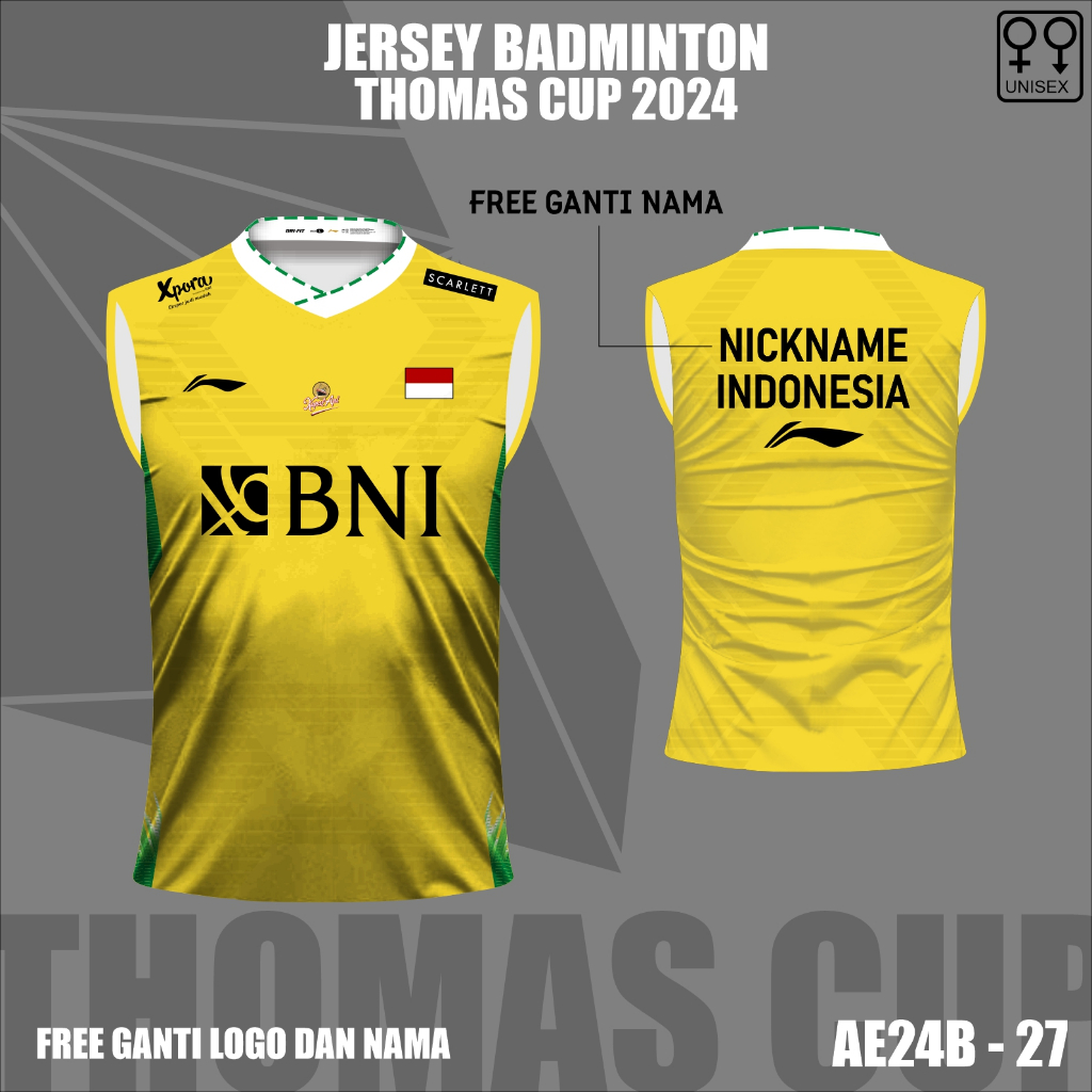 Baju singlet badminton piala Thomas Uber cup 2024 jersey kaos bulutangkis Indonesia