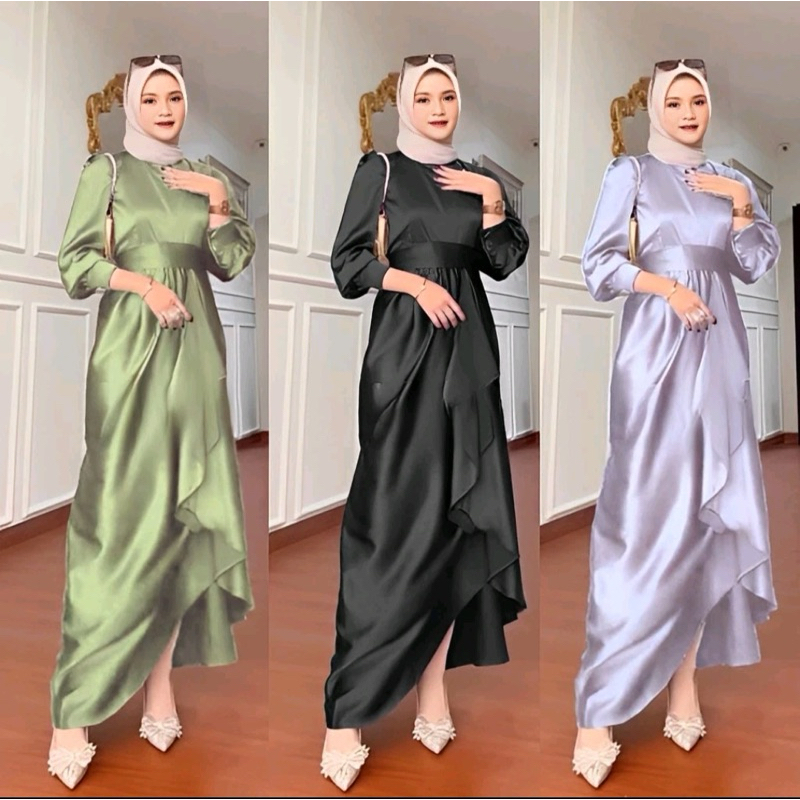 [ Ready Stok ] Jusi Dress Satin Polos Simple | Gamis Kondangan | Gaun Pesta Mewah | Baju Lebaran 202