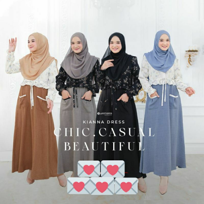 GAMIS KOMBINASI MOTIF BUNGA & POLOS BAHAN CRINKLE & LINEN KIANNA BY YASMEERA | Gamis Hitam | | Gamis