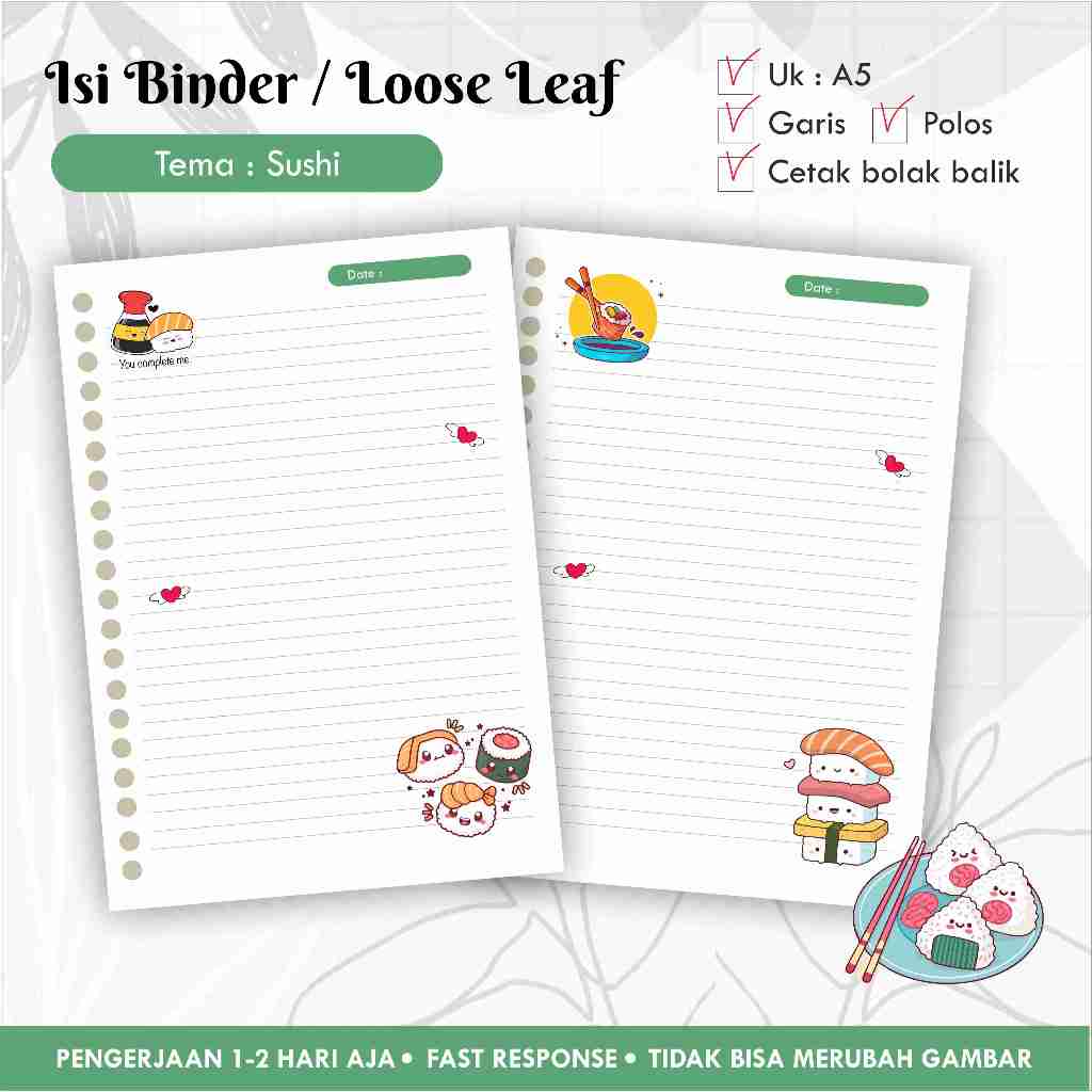 

[10 pcs] Isi Binder / Loose leaf gambar A5 Tema SUSHI / Refill Map Binder / Garis Polos