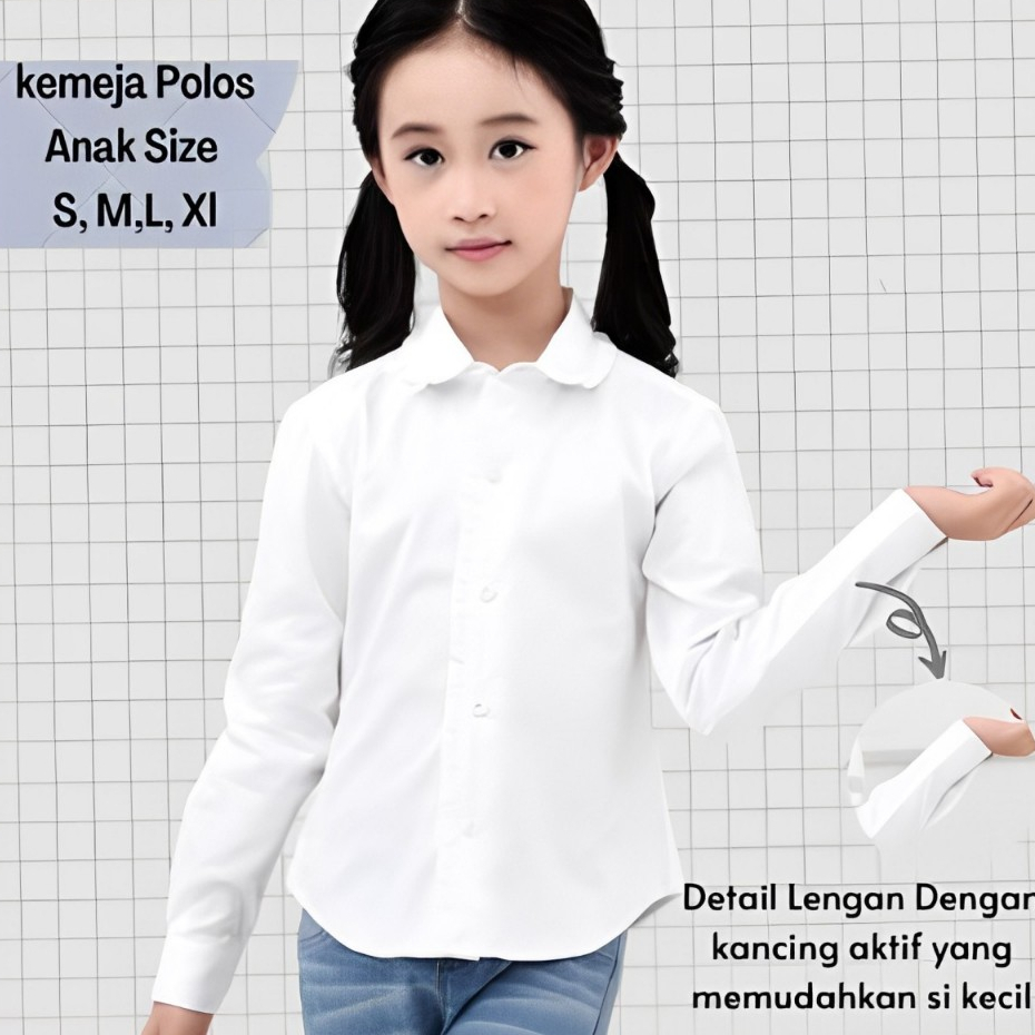 Atasan Anak Perempuan Kemeja Putih Polos Katun Usia 7-13 tahun / Baju Putih Lengan Panjang Atasan An