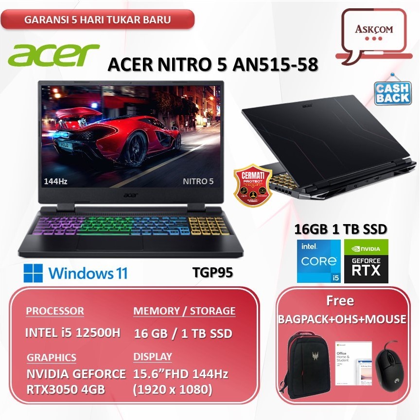 Laptop Gaming Acer Nitro 5 AN515-58 RTX3050 4GB i5 12500H 32GB 1TB ssd 15.6FHD 144Hz W11+OHS