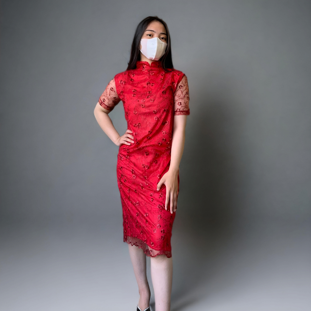 Dress Brokat Tulle Mutiara Kerah Shanghai Gaun Imlek Pesta Gaya Korea Dress Kondangan Turtle Dress M