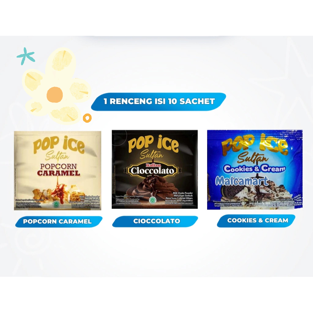 

Popice sultan rasa baru 1 renceng rentengan isi 10 pcs cioccolato popcorn caramel cookies & cream