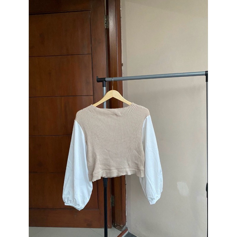 atasan sweater rajut lidi mix katun lengan balon not uniqlo zara grl