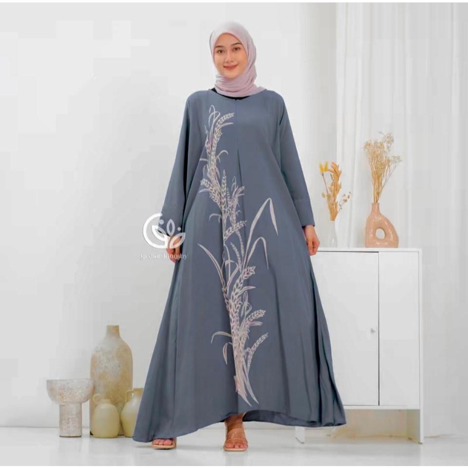 Kaftan Wanita - Daunda Kaftan Size Jumbo XXXXL Motif Daun Lengan Panjang Busui Resleting by Nadira_Fashion / Gamis Rayon Jumbo Kaftan Terbaru-padi abu soft