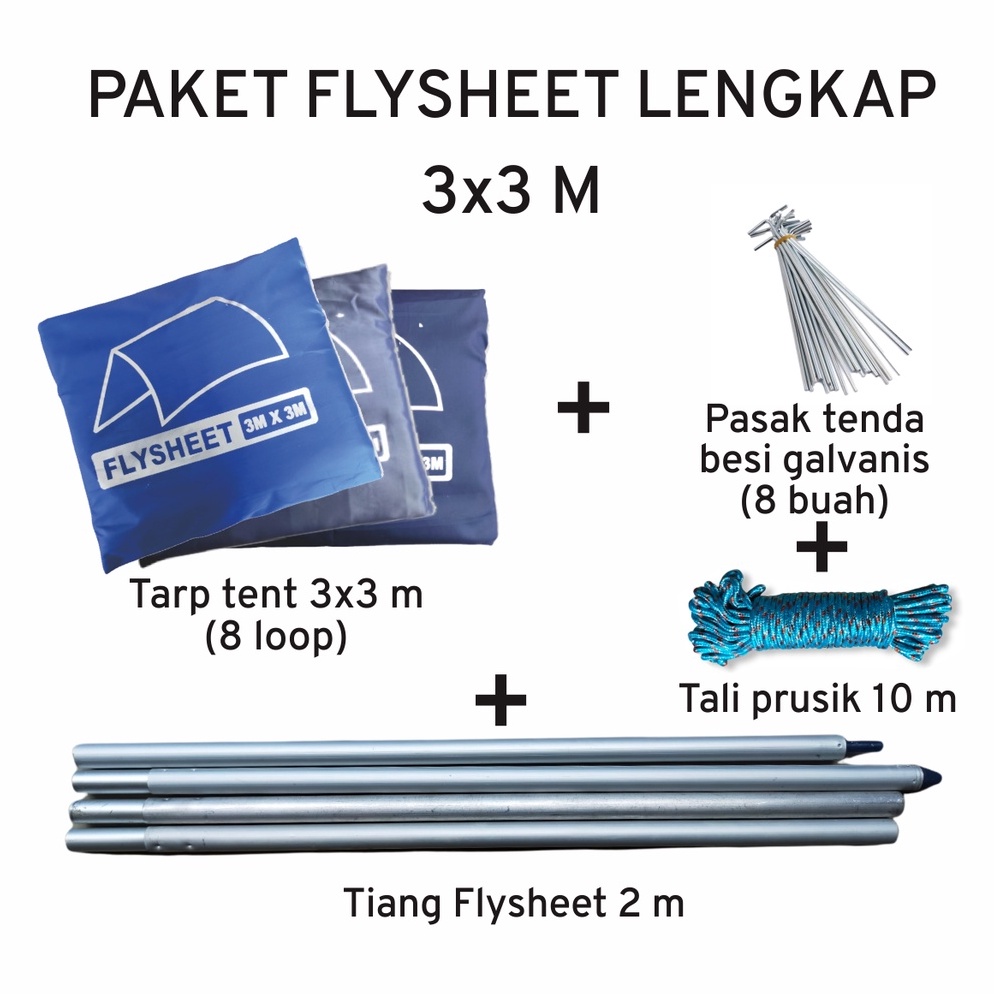 Paket Flysheet 3x3 Lengkap  Flysheet 3x3 m  Tarp Pole 2 m  Tali Prusik 1 m  Pasak Tenda ART O5V9