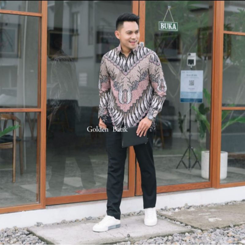 Batik pria lengan panjang atasan pria katun halus lapisan puring