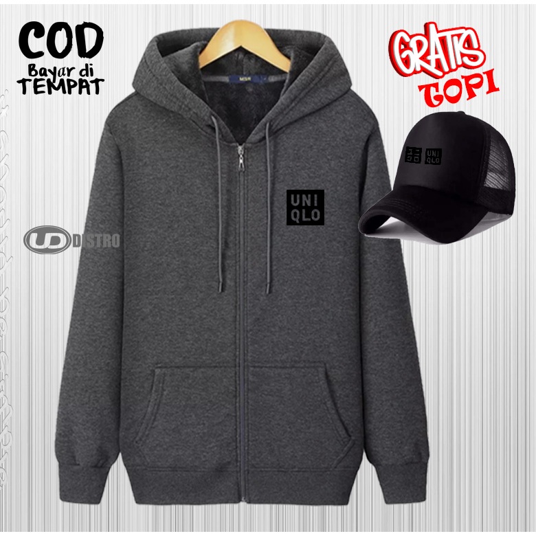 (COD) GRATIS TOPI... Jaket Resleting Uniqlo Text Hitam Premium Jaket Sweater Hoodie Pria Dan Wanita 