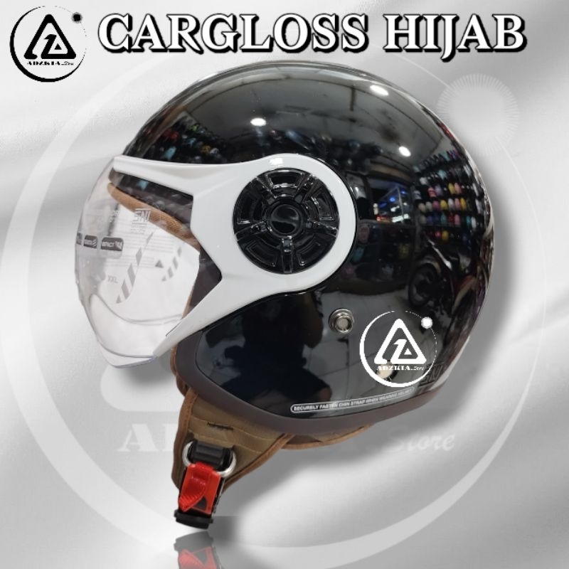 HELM CARGLOSS YRH HIJAB DEEP BLACK/HITAM GLOSS | HELM RETRO HALF FACE