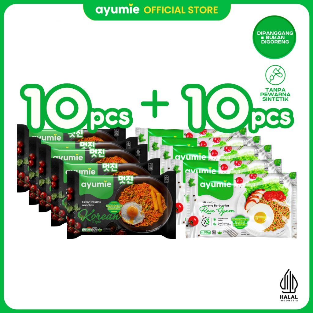 

Ayumie Mie Sehat - Paket 10 Pack Rasa Ayam + 10 Pack Korean Spicy (Aman Dengan Kemasan Kardus)