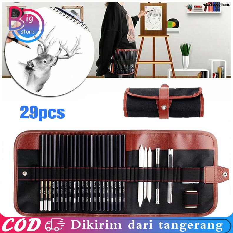 

ART T6R Set 29pcs Sketch Pencil Set Pensil Gambar Sketsa Drawing Pencil Set Dengan Pouch Serut