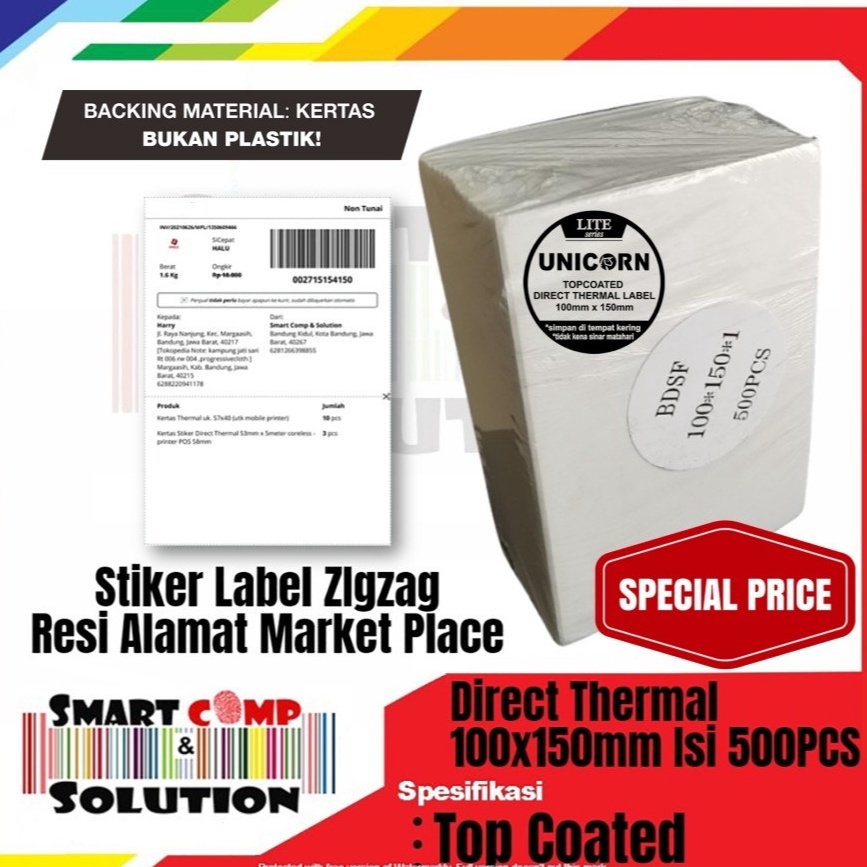 

KODE U4S3 Kertas Thermal Label Lipat 1x15 A6 Unicorn Lite isi 5pcs Stiker Resi Alamat Fold Zigzag