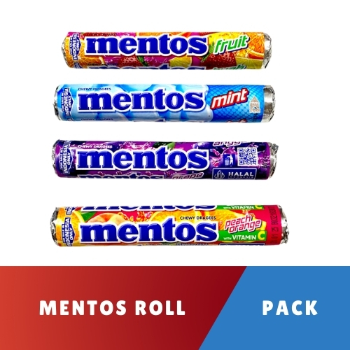 

MENTOS Roll Permen Chewy Dragees Mint / Fruit / Peach Orange / Anggur 29 Gram