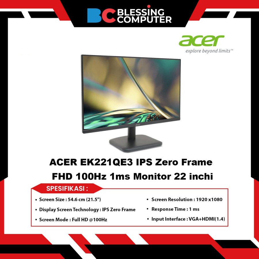 ACER EK221QE3 IPS Zero Frame FHD 100Hz 1ms Monitor 22 inchi
