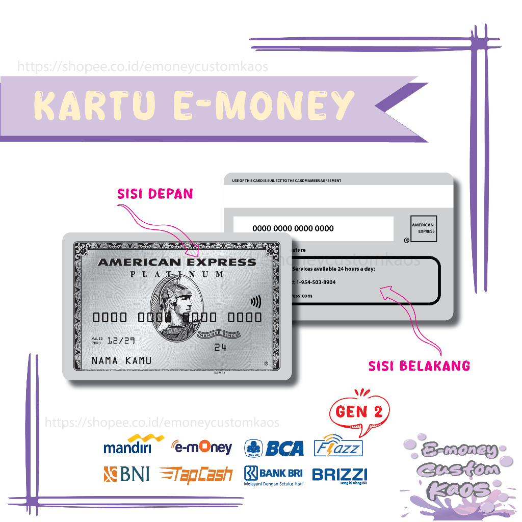 KARTU EMONEY AMERICAN EXPRESS PLATINUM ETOLL MANDIRI FLAZZ BCA GEN 2 BNI TAPCASH BRIZZI BRI - 2 SISI