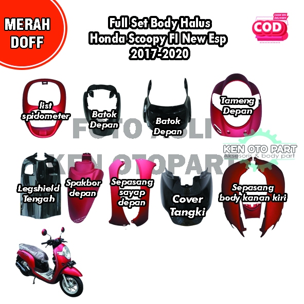 Full Sepaket Body Halus Honda Scoopy FI New ESP 2017-2020 Merah Doff Hitam