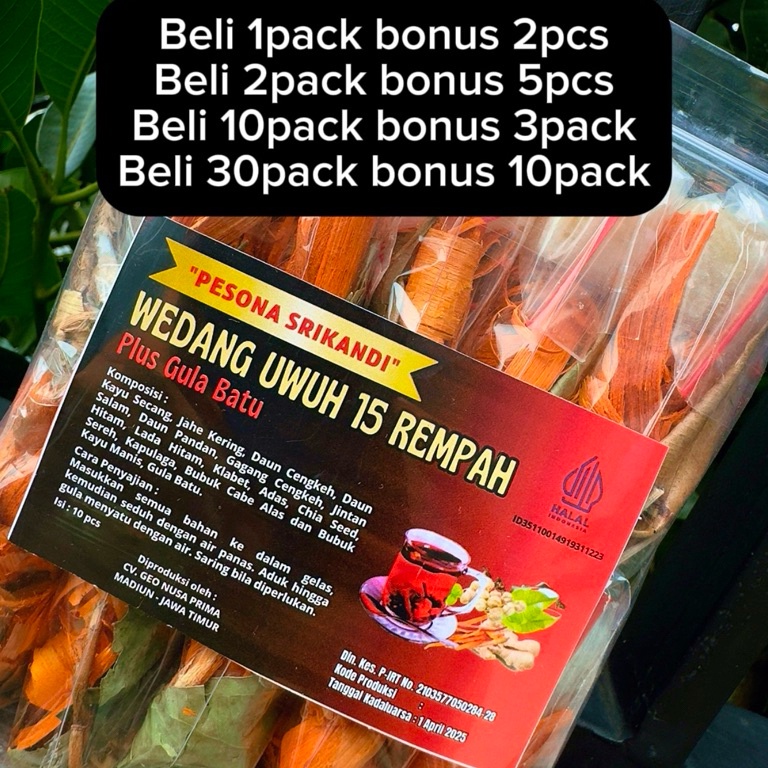

Miliki sekarang 1 Pack Isi 1 pcs Wedang Uwuh Komplit Pesona Srikandi