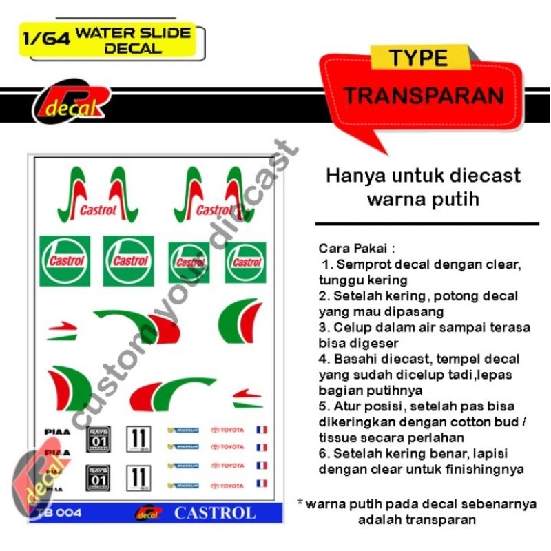 TB004 Decal Hotwheels Transparan Diecast 1/64 Castrol