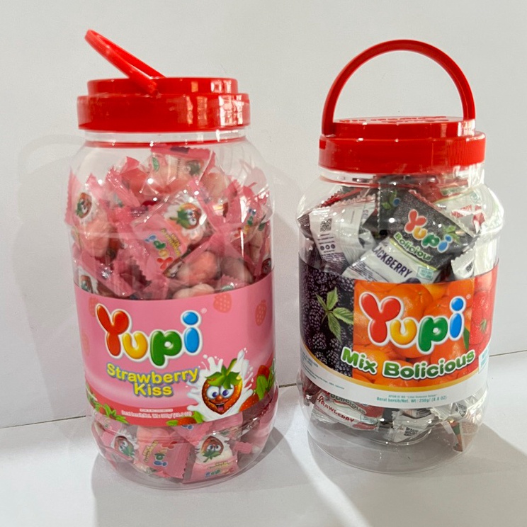 

Come ECER 1 TOPLES Permen Yupi Strawberry Kiss Jar 3gr Bolicious Mix Jar 25gr